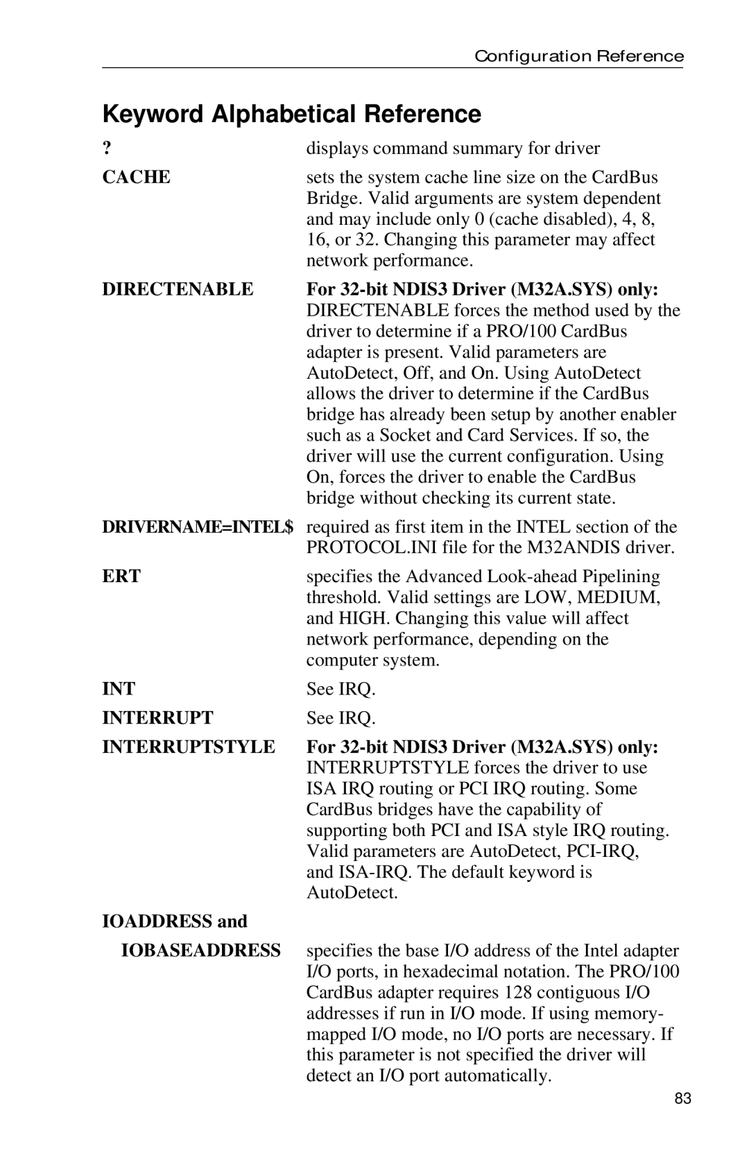 Intel PRO appendix Keyword Alphabetical Reference, For 32-bit NDIS3 Driver M32A.SYS only, Ioaddress 