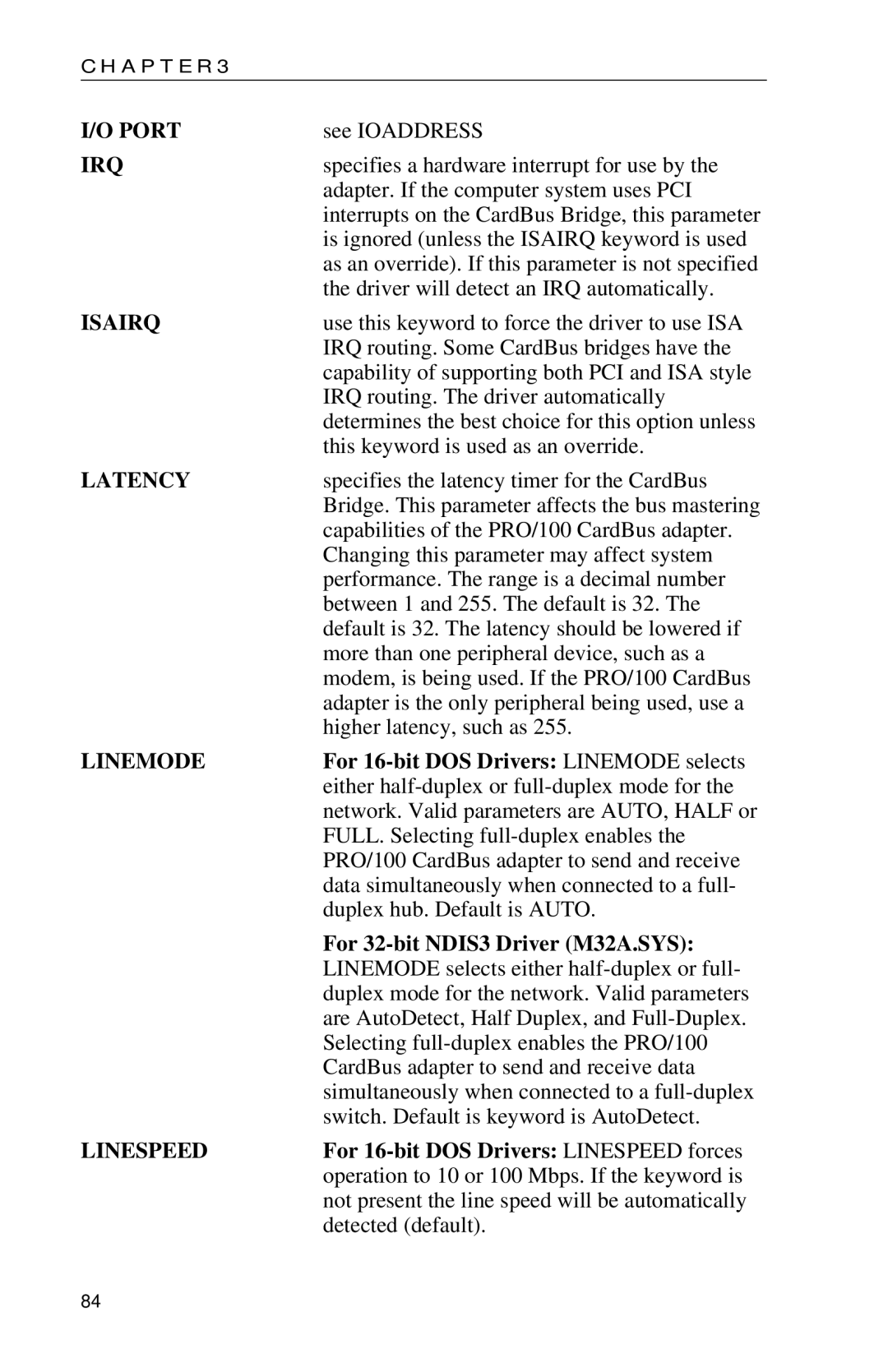 Intel PRO appendix For 16-bit DOS Drivers Linemode selects, For 32-bit NDIS3 Driver M32A.SYS 