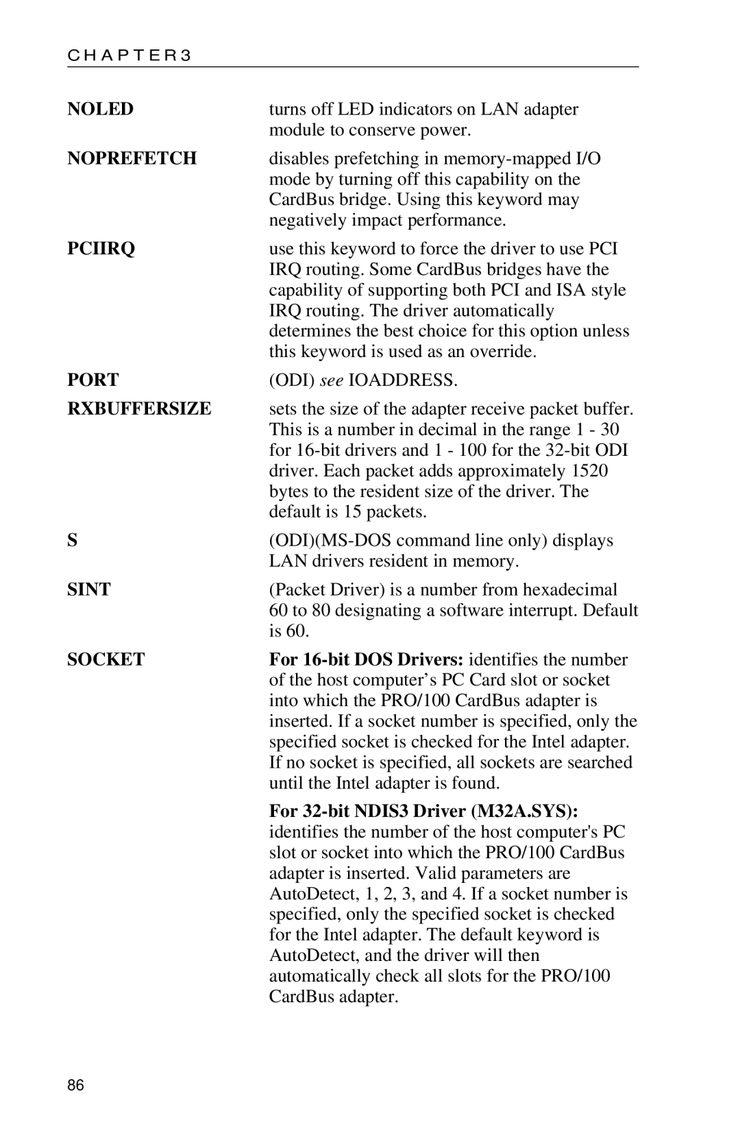 Intel PRO appendix Noprefetch, For 16-bit DOS Drivers identifies the number 