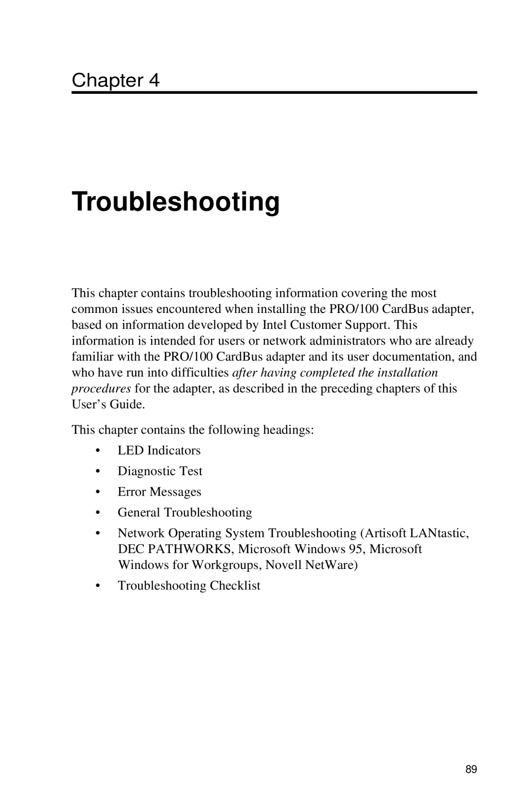 Intel PRO appendix Troubleshooting 