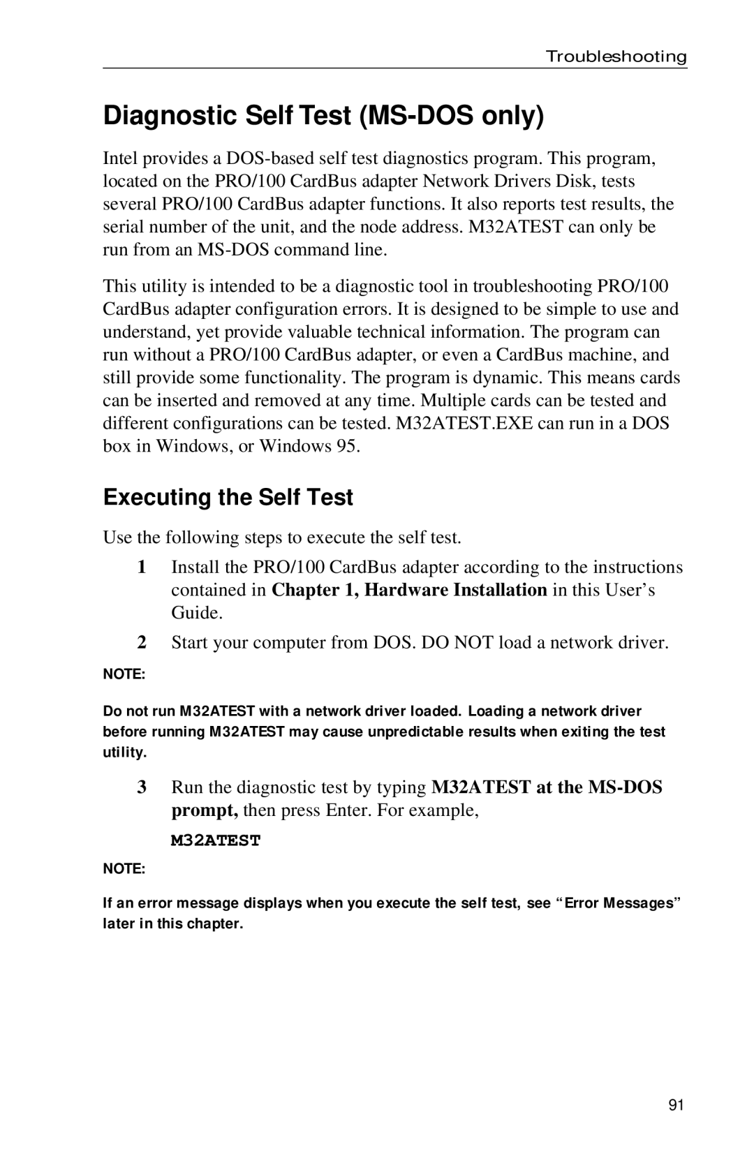 Intel PRO appendix Diagnostic Self Test MS-DOS only, Executing the Self Test 
