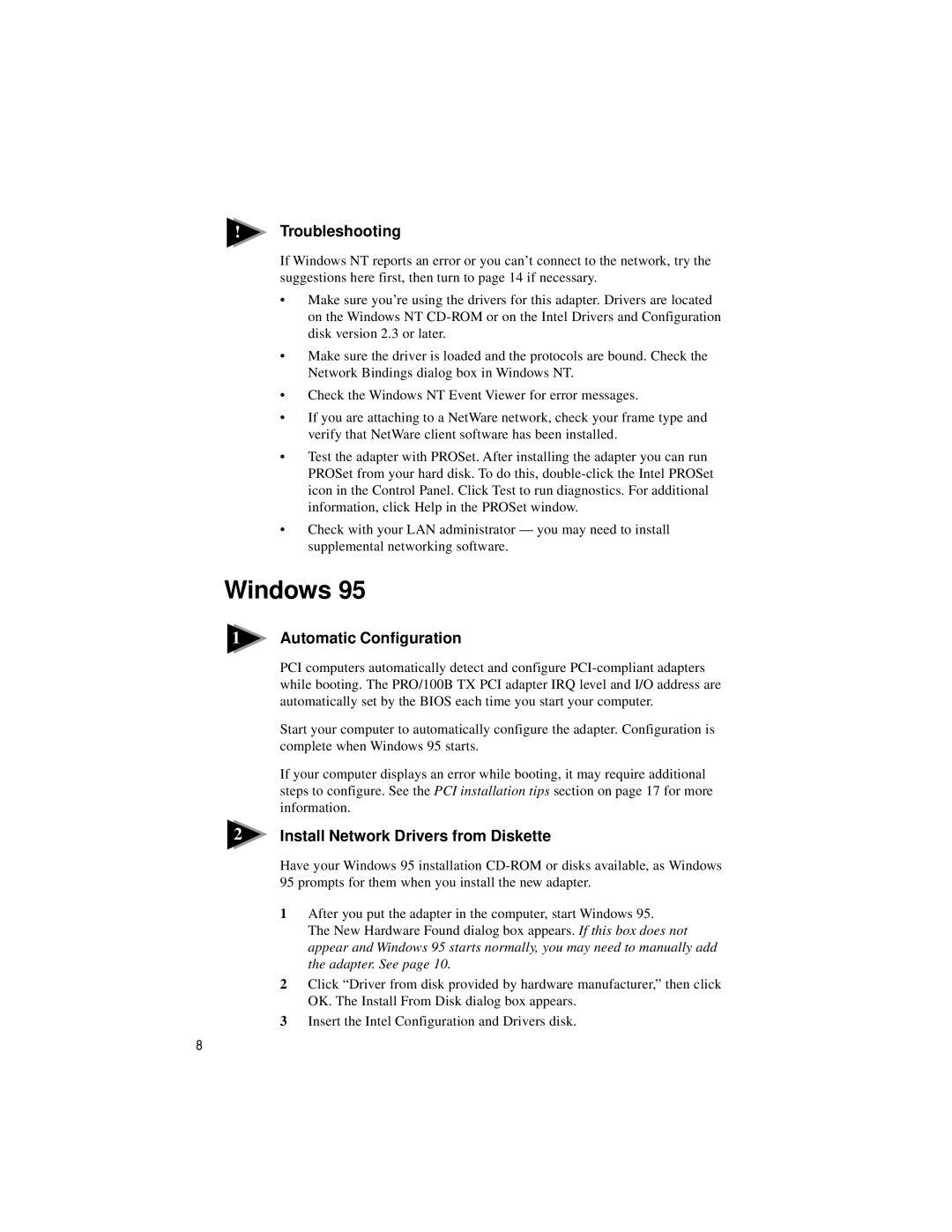 Intel PRO/100 TX PCI manual Windows, Install Network Drivers from Diskette 