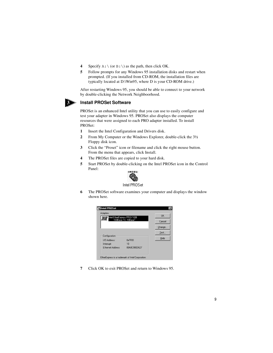 Intel PRO/100 TX PCI manual Install PROSet Software 