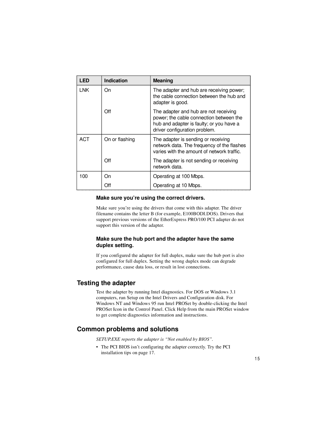 Intel PRO/100 TX PCI manual Testing the adapter, Common problems and solutions, Make sure you’re using the correct drivers 