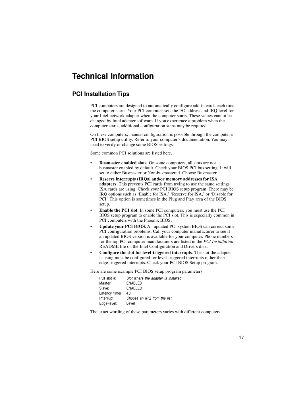 Intel PRO/100 TX PCI manual Technical Information, PCI Installation Tips 