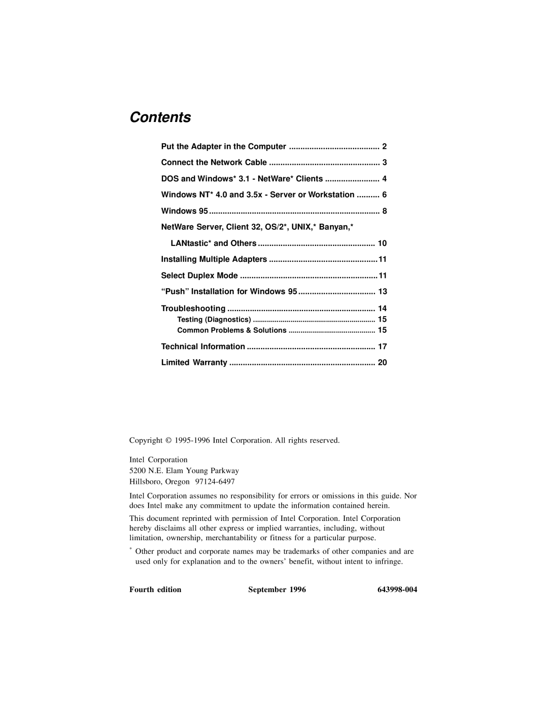 Intel PRO/100 TX PCI manual Contents 