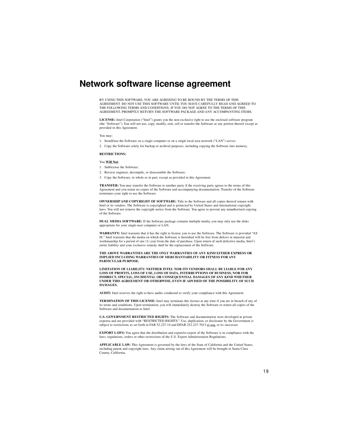 Intel PRO/100 TX PCI manual Network software license agreement, Restrictions 