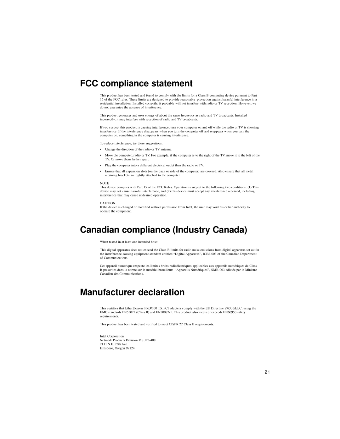 Intel PRO/100 TX PCI manual FCC compliance statement, Canadian compliance Industry Canada, Manufacturer declaration 