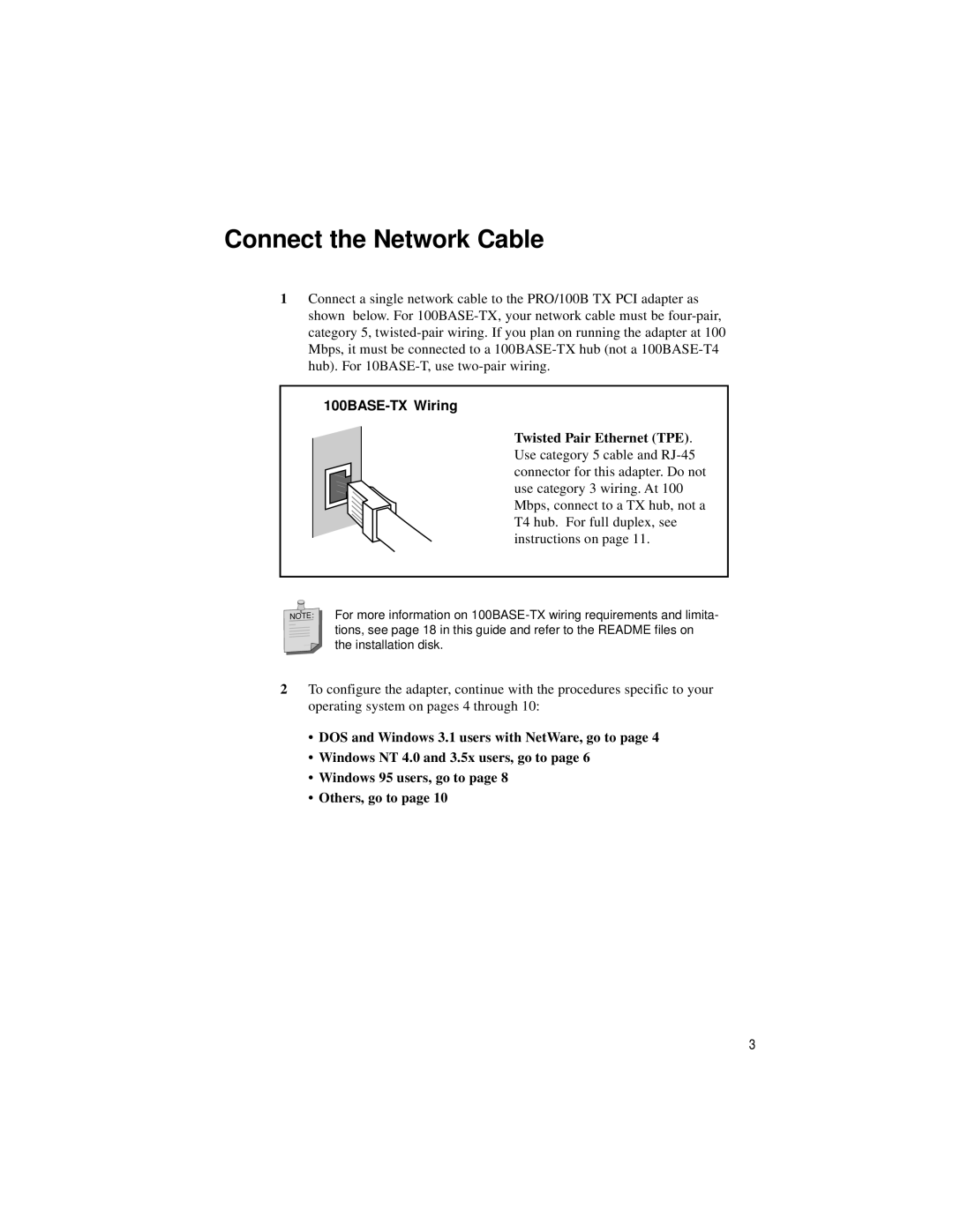 Intel PRO/100 TX PCI manual Connect the Network Cable, 100BASE-TX Wiring 