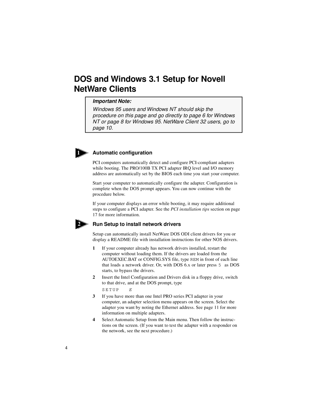 Intel PRO/100 TX PCI manual DOS and Windows 3.1 Setup for Novell NetWare Clients, Automatic configuration 