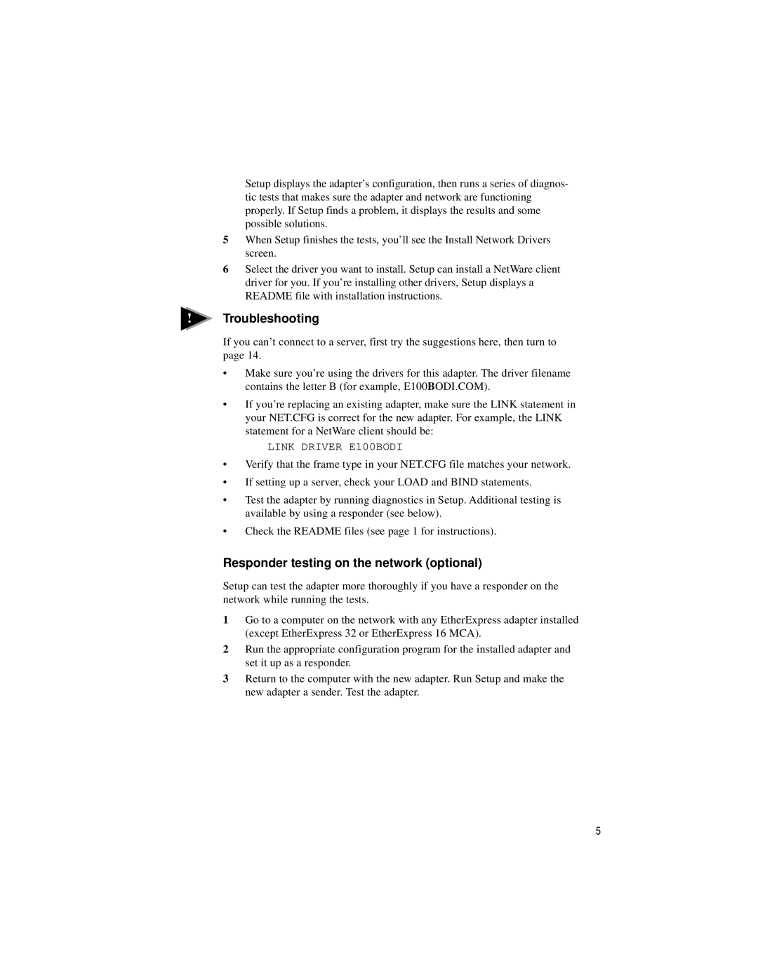 Intel PRO/100 TX PCI manual Troubleshooting, Responder testing on the network optional 