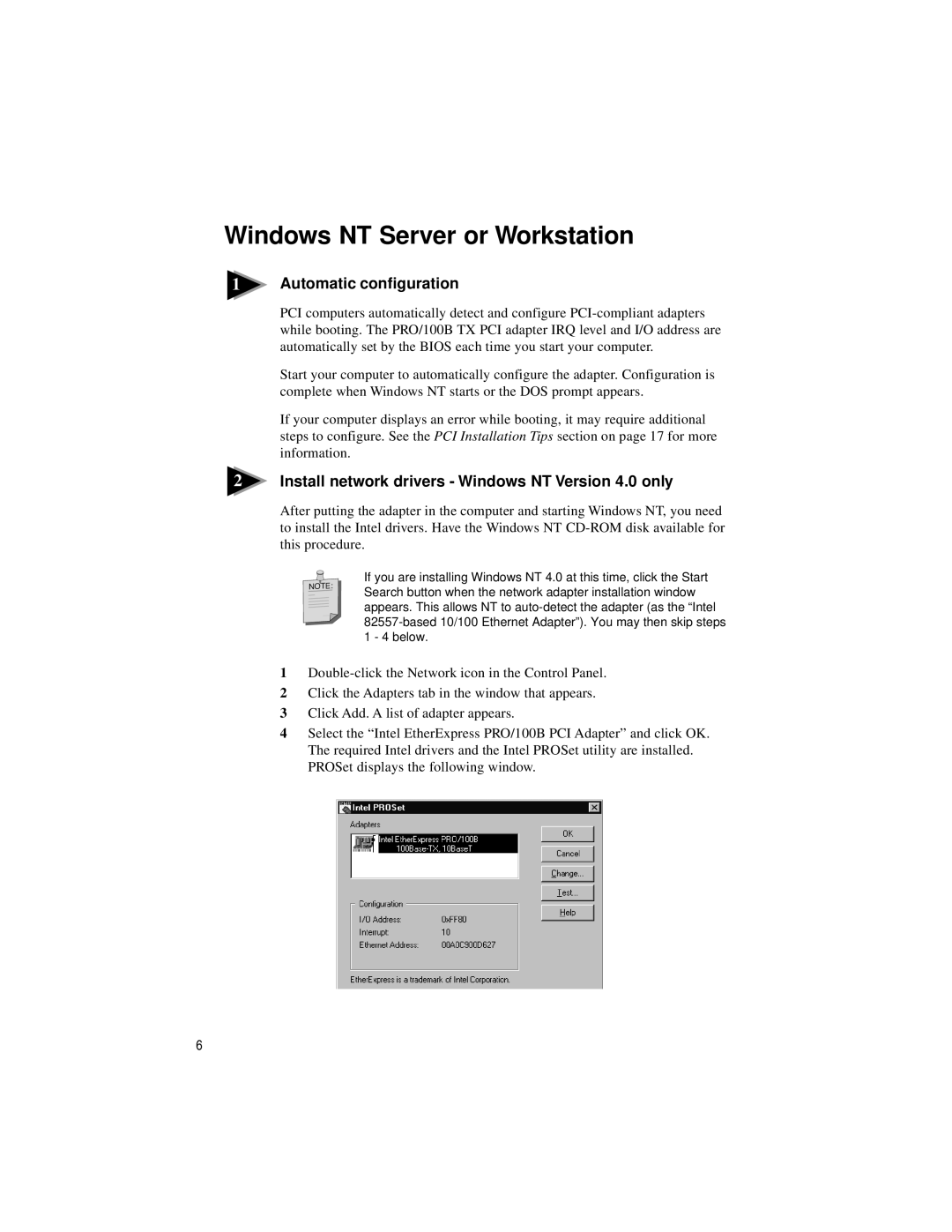 Intel PRO/100 TX PCI manual Windows NT Server or Workstation, Install network drivers Windows NT Version 4.0 only 