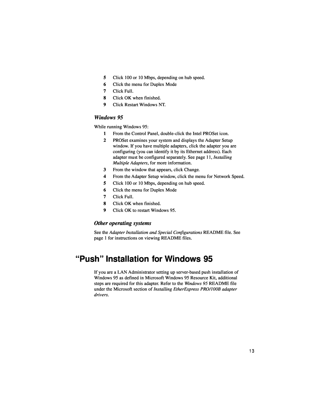 Intel PRO/100 TX PCI manual “Push” Installation for Windows, Other operating systems 