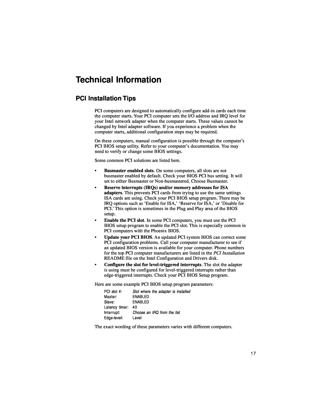 Intel PRO/100 TX PCI manual Technical Information, PCI Installation Tips 