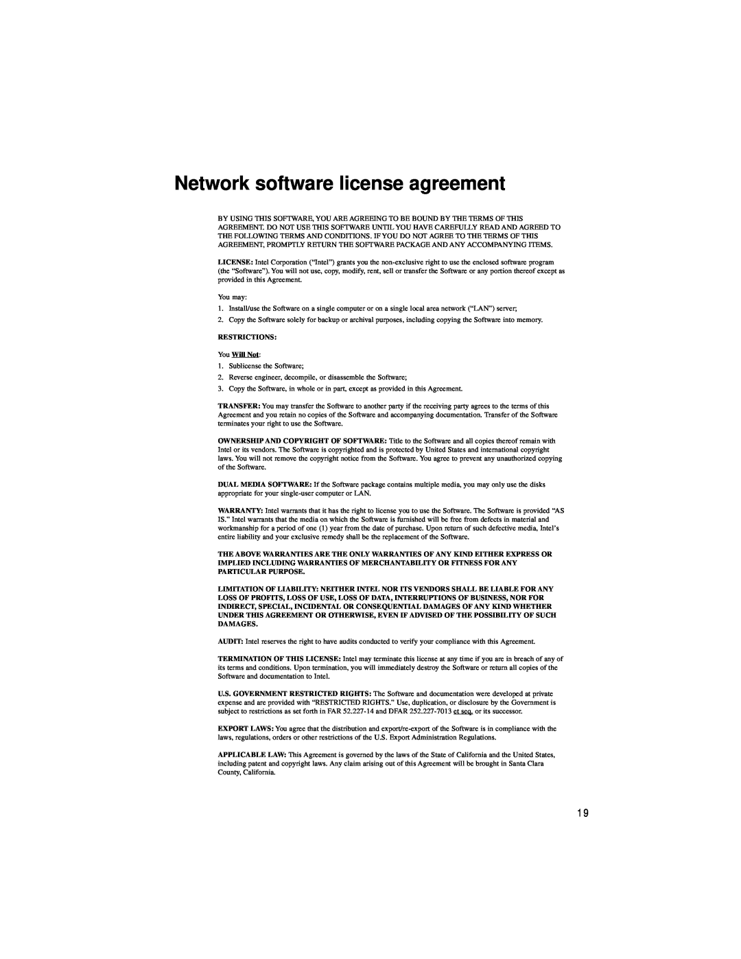 Intel PRO/100 TX PCI manual Network software license agreement 