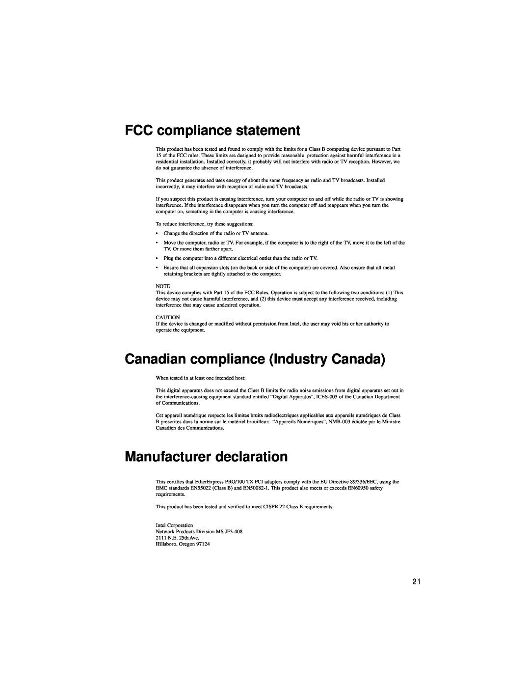 Intel PRO/100 TX PCI manual FCC compliance statement, Canadian compliance Industry Canada, Manufacturer declaration 
