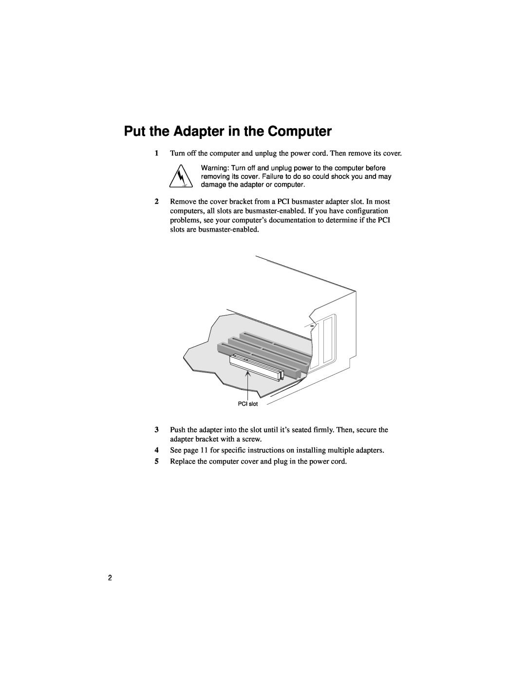 Intel PRO/100 TX PCI manual Put the Adapter in the Computer 