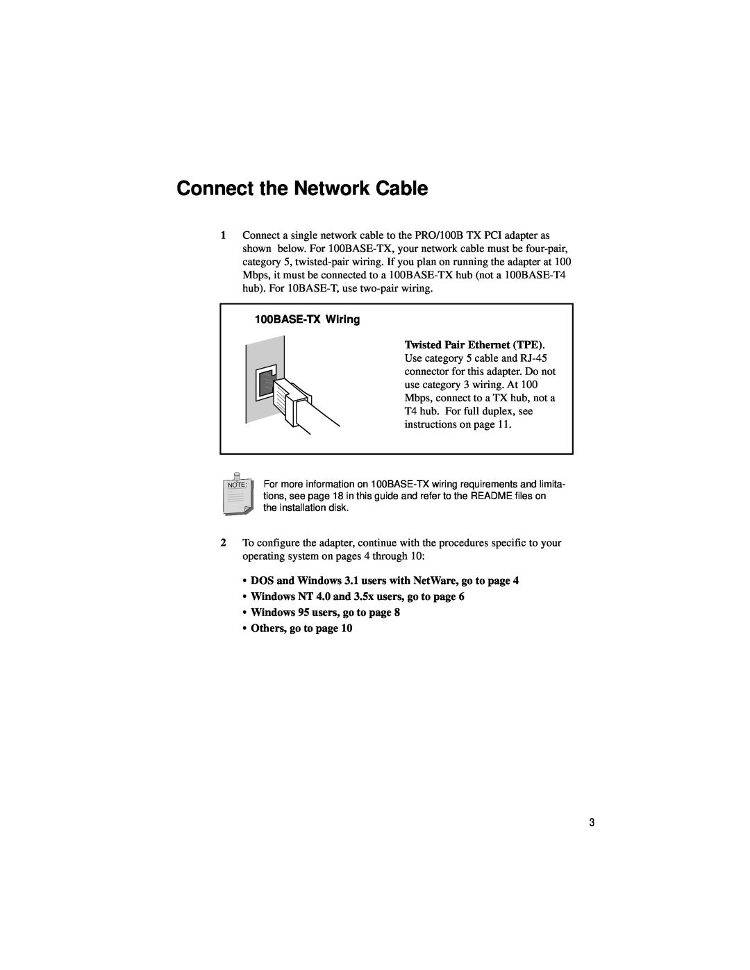 Intel PRO/100 TX PCI manual Connect the Network Cable, 100BASE-TX Wiring 