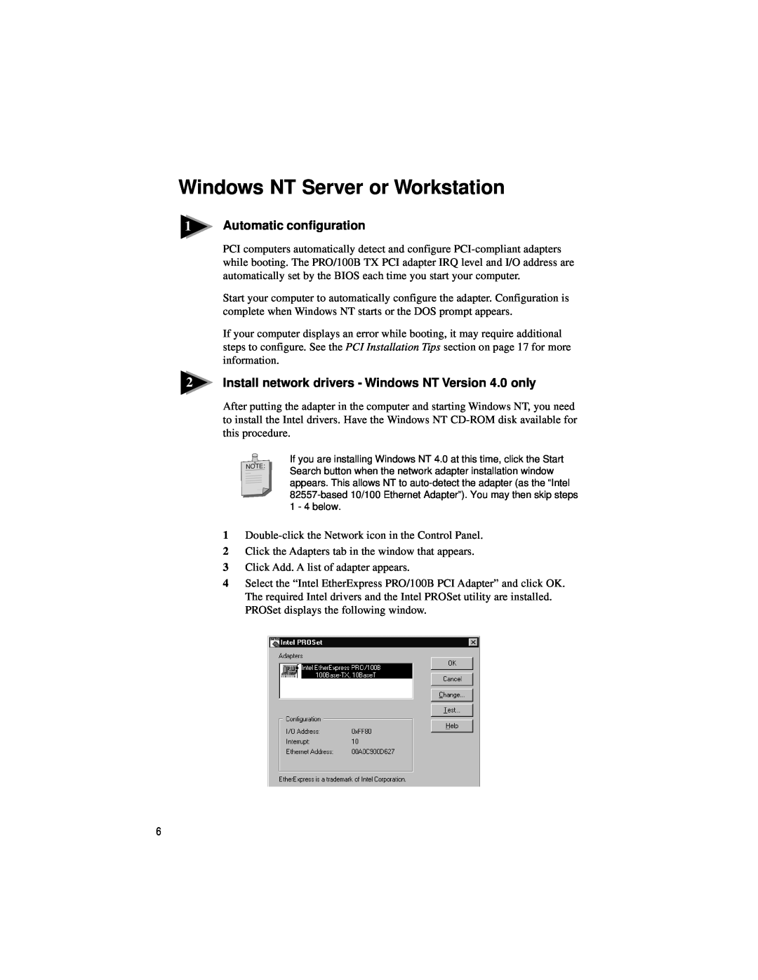 Intel PRO/100 TX PCI manual Windows NT Server or Workstation, Install network drivers - Windows NT Version 4.0 only 