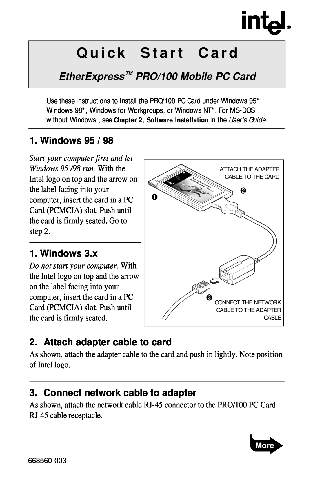 Intel PRO/100 quick start Windows 95, Attach adapter cable to card, Connect network cable to adapter 
