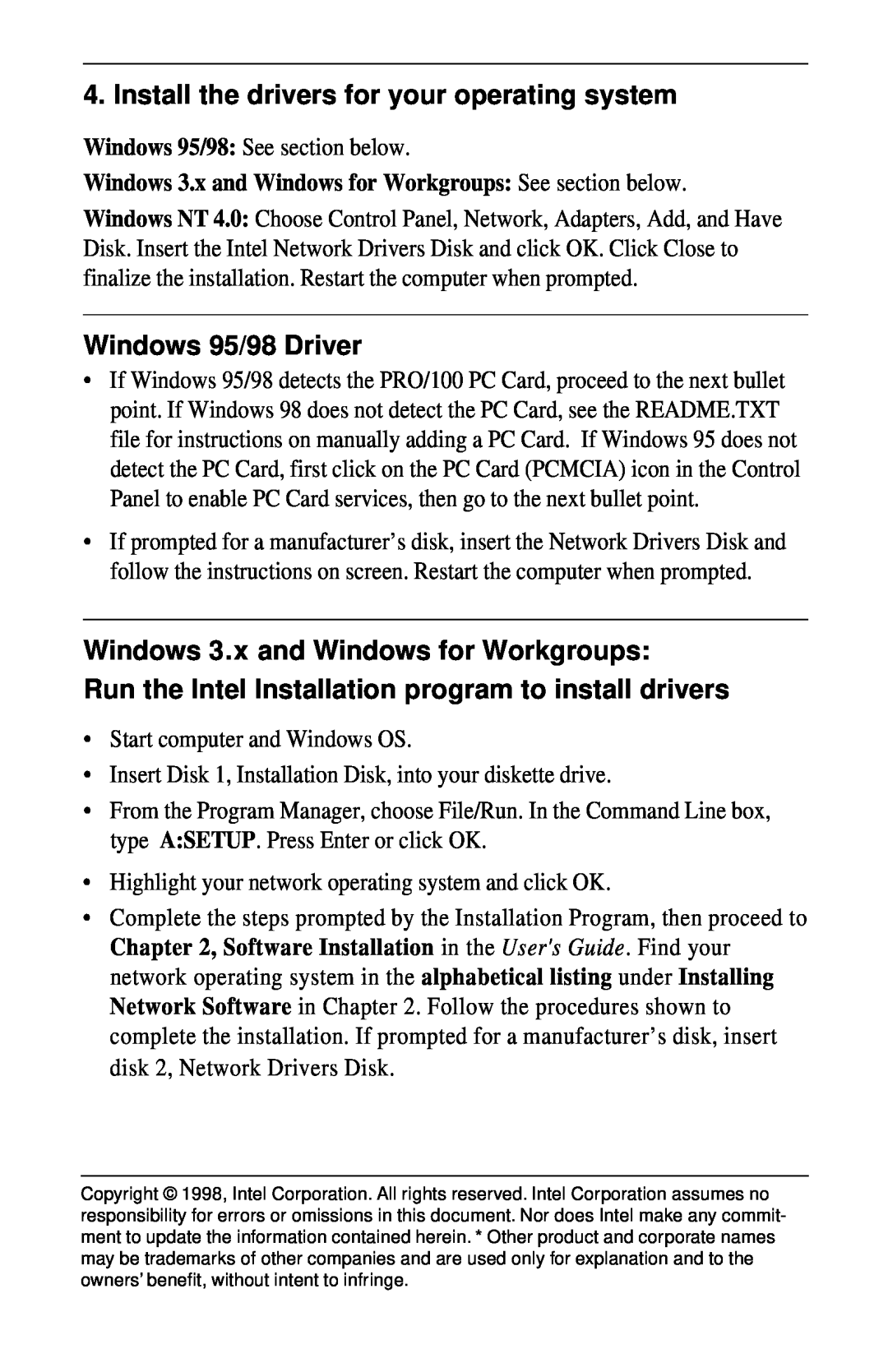 Intel PRO/100 Install the drivers for your operating system, Windows 95/98 Driver, Windows 3.x and Windows for Workgroups 
