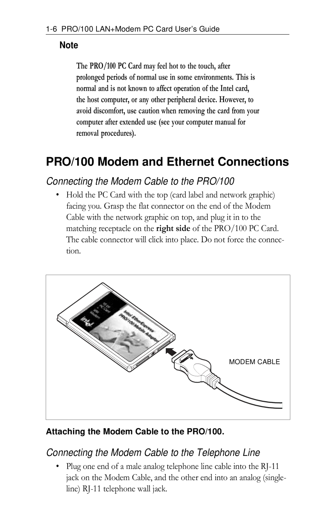 Intel appendix PRO/100 Modem and Ethernet Connections, Connecting the Modem Cable to the PRO/100 