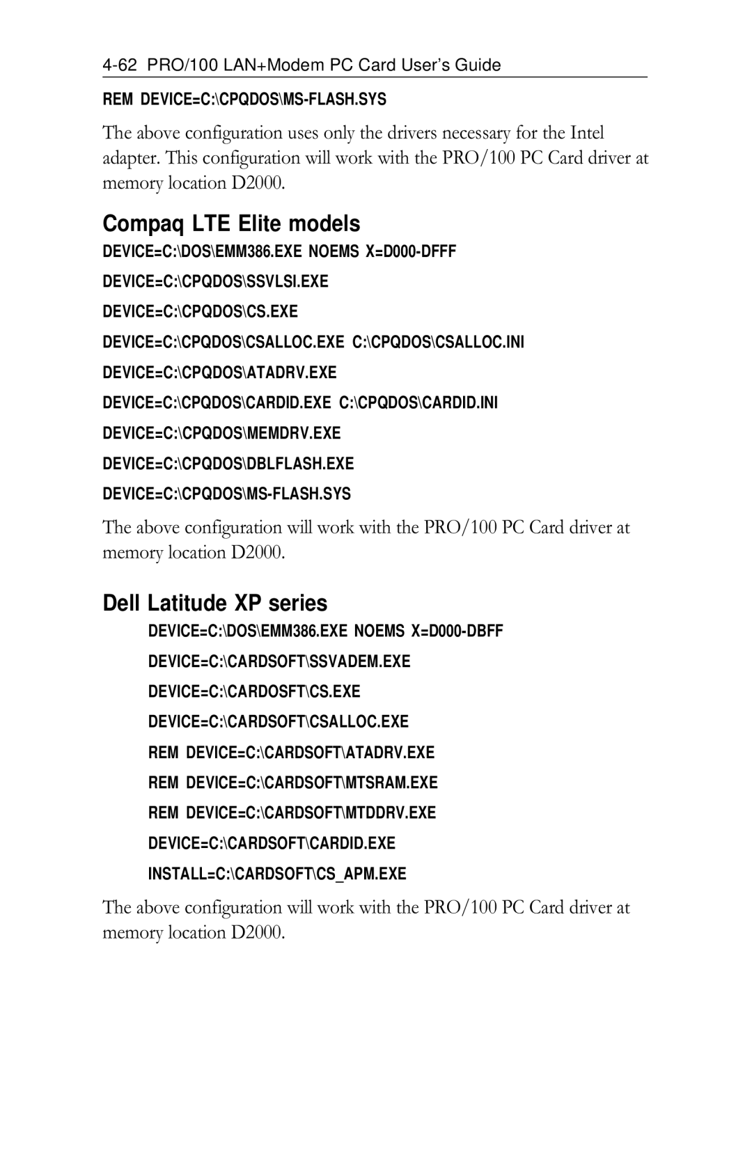 Intel PRO/100 appendix Compaq LTE Elite models, Dell Latitude XP series 