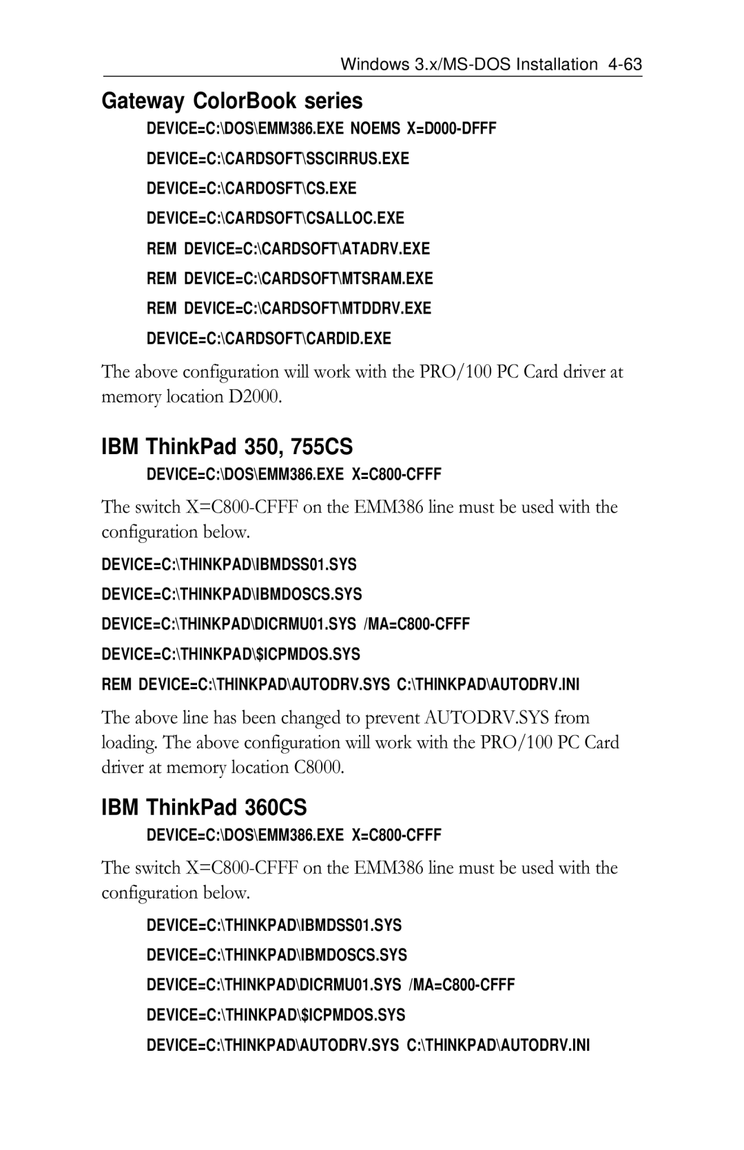 Intel PRO/100 appendix Gateway ColorBook series, IBM ThinkPad 350, 755CS, IBM ThinkPad 360CS 