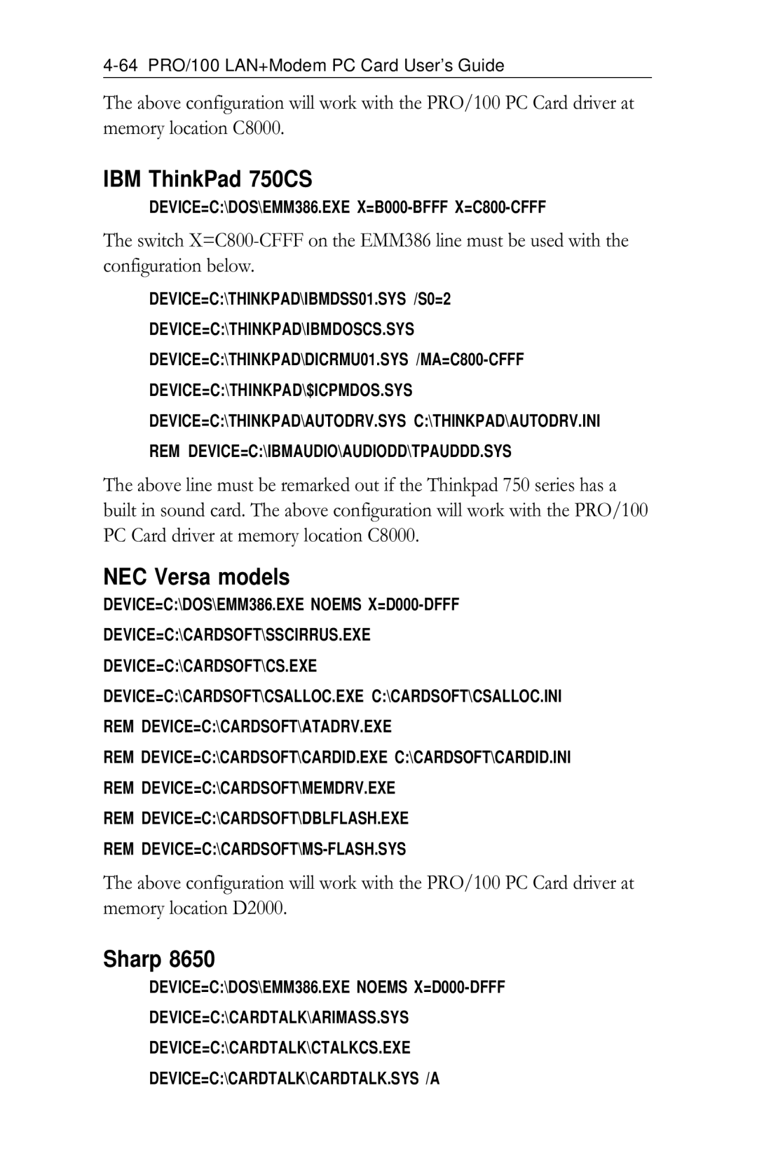 Intel PRO/100 appendix IBM ThinkPad 750CS, NEC Versa models, Sharp 