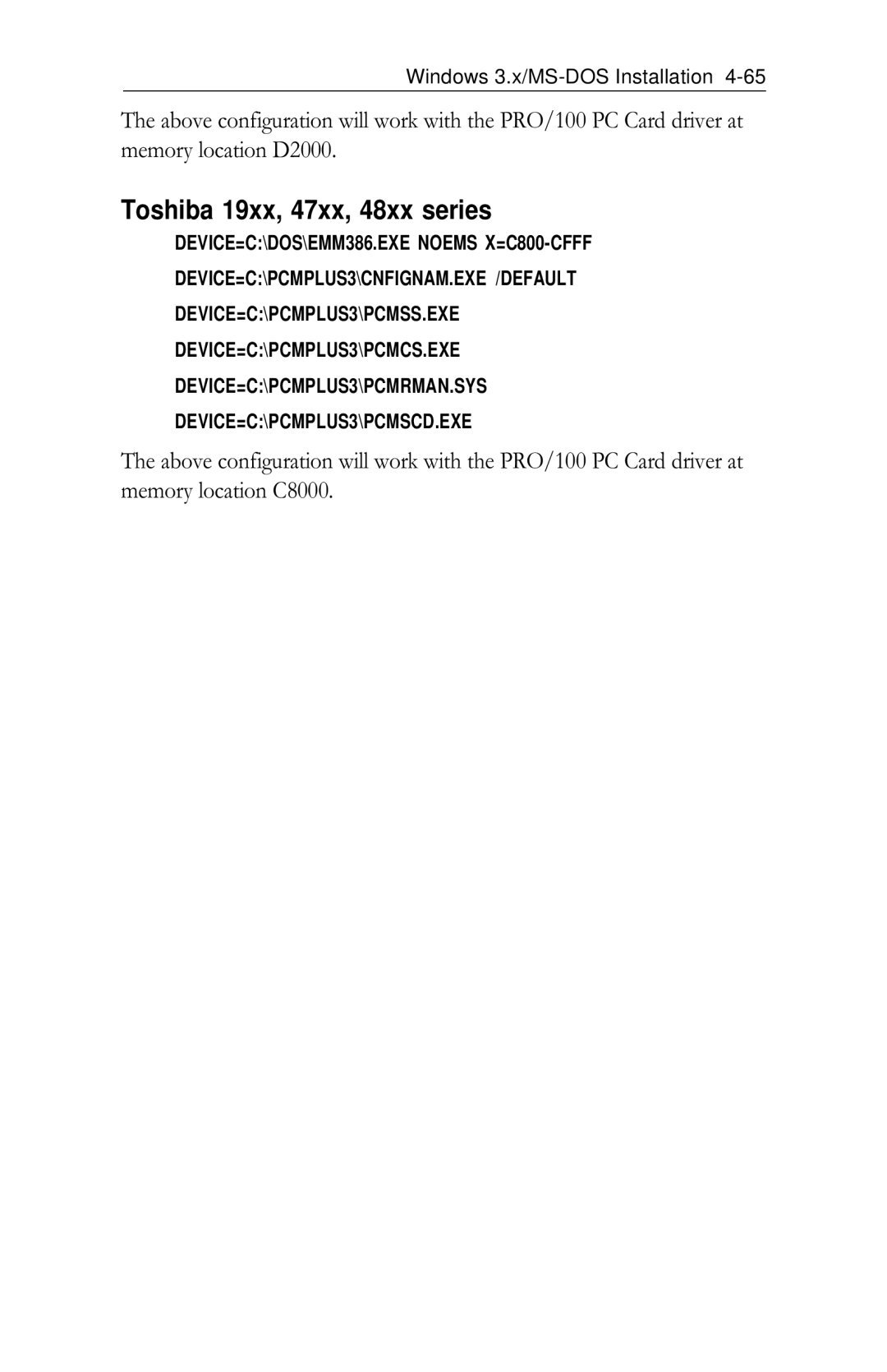 Intel PRO/100 appendix Toshiba 19xx, 47xx, 48xx series 