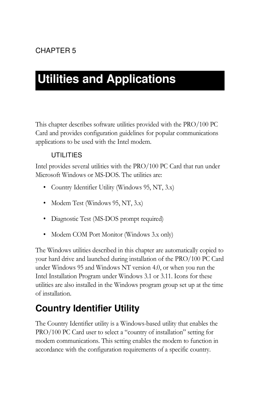 Intel PRO/100 appendix Utilities and Applications, Country Identifier Utility 