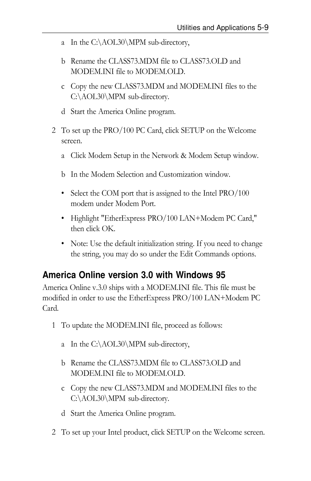 Intel PRO/100 appendix America Online version 3.0 with Windows, C\AOL30\MPM sub-directory 