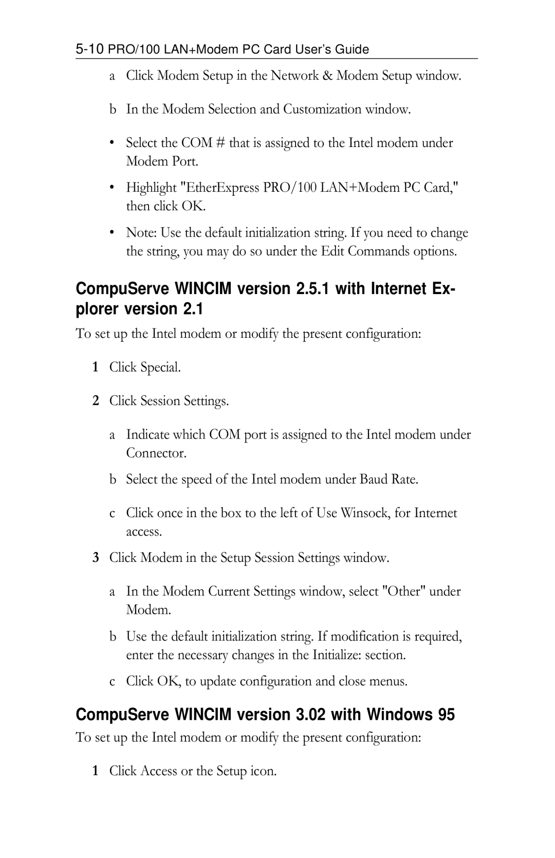 Intel PRO/100 appendix CompuServe Wincim version 3.02 with Windows, Click OK, to update configuration and close menus 