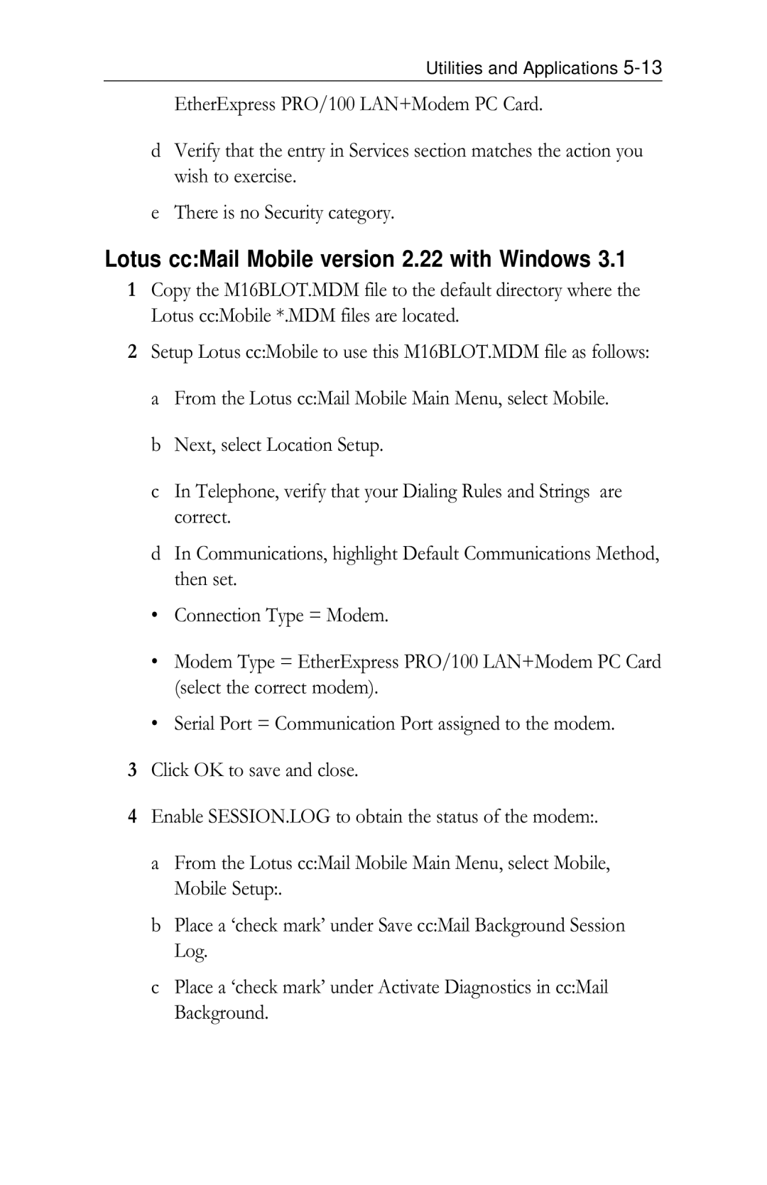 Intel PRO/100 appendix Lotus ccMail Mobile version 2.22 with Windows 