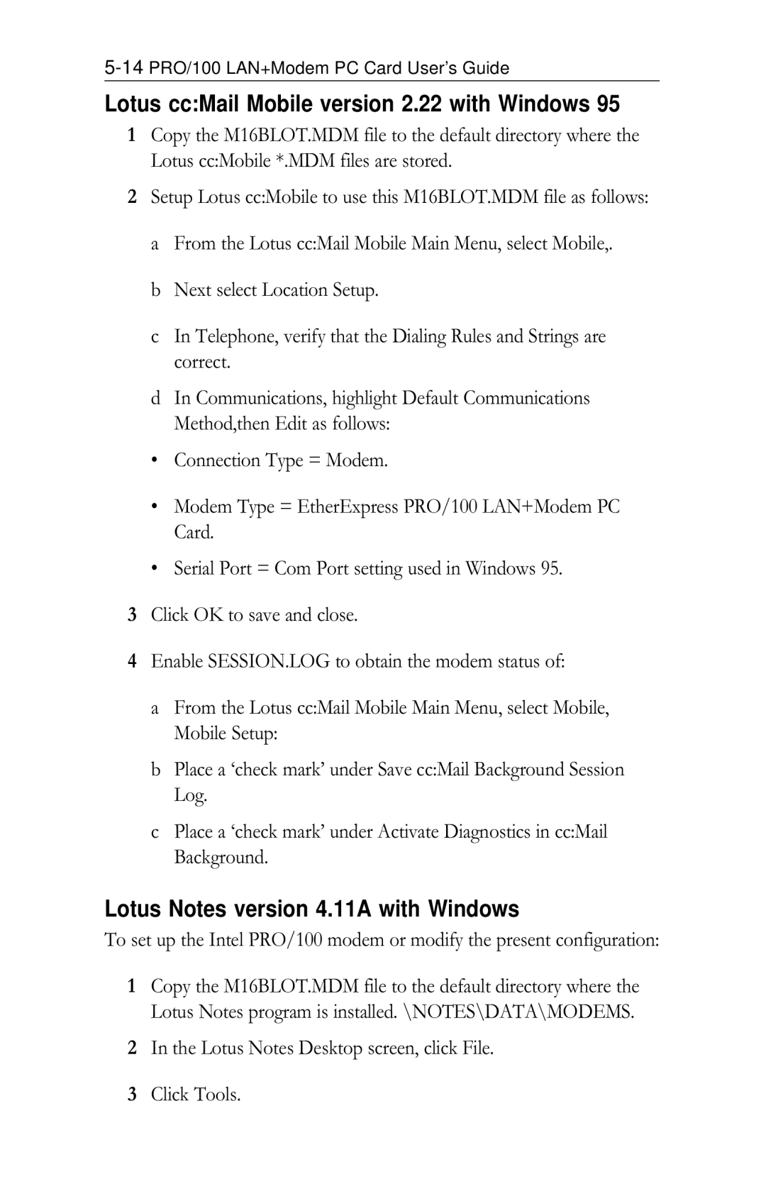 Intel PRO/100 appendix Lotus Notes version 4.11A with Windows, Lotus Notes Desktop screen, click File Click Tools 