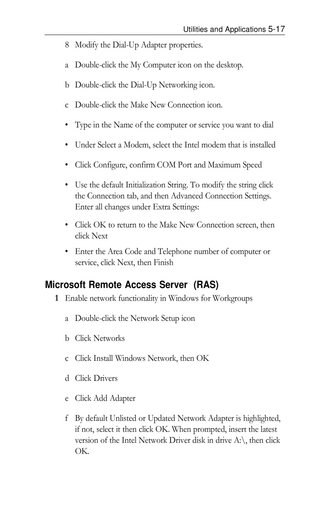 Intel PRO/100 appendix Microsoft Remote Access Server RAS, Modify the Dial-Up Adapter properties 