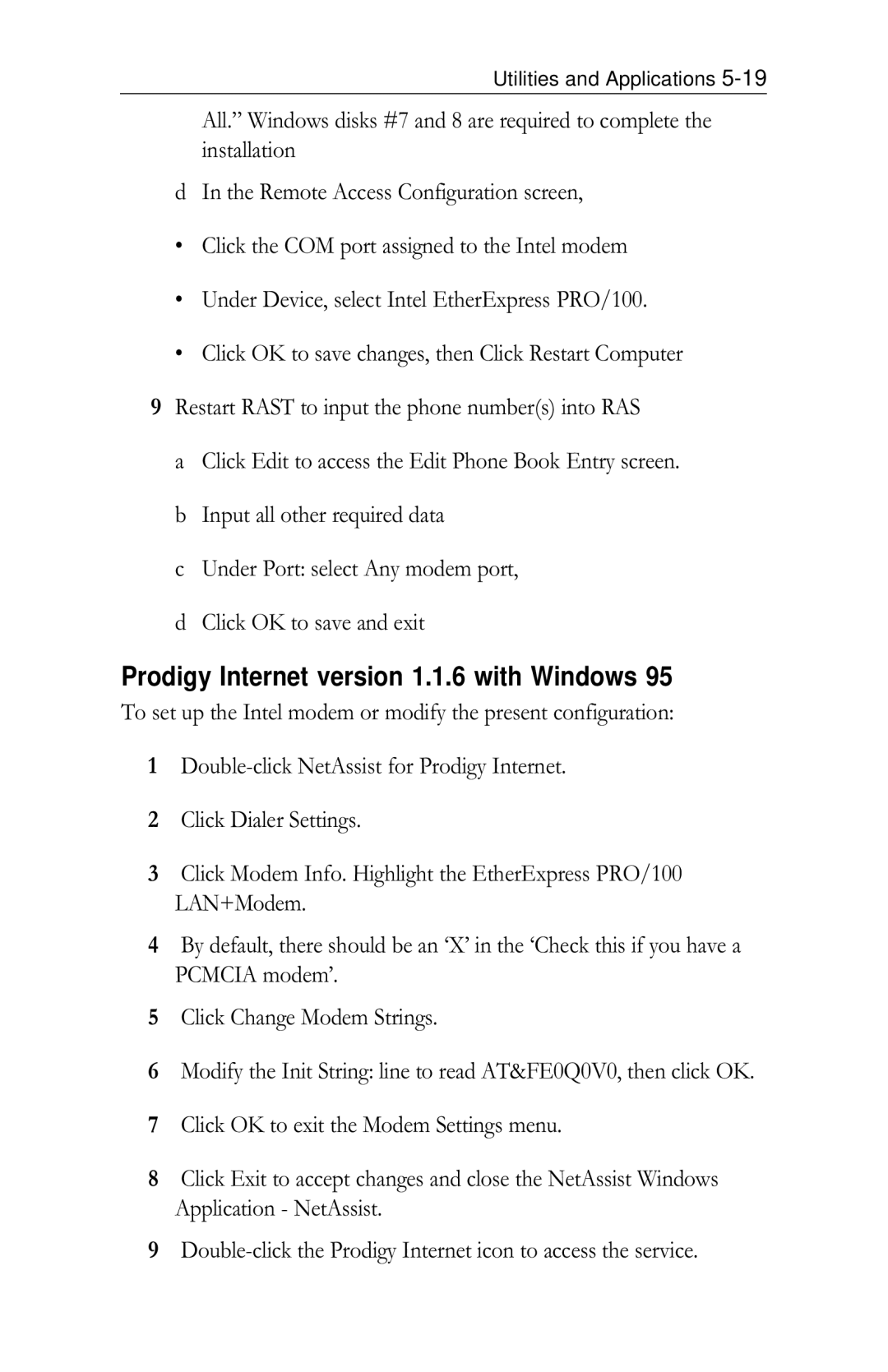 Intel PRO/100 appendix Prodigy Internet version 1.1.6 with Windows 