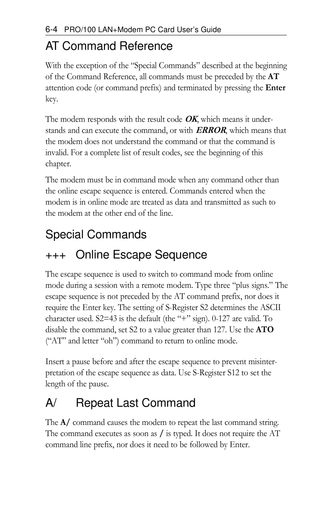 Intel PRO/100 appendix AT Command Reference, Special Commands +++ Online Escape Sequence, Repeat Last Command 