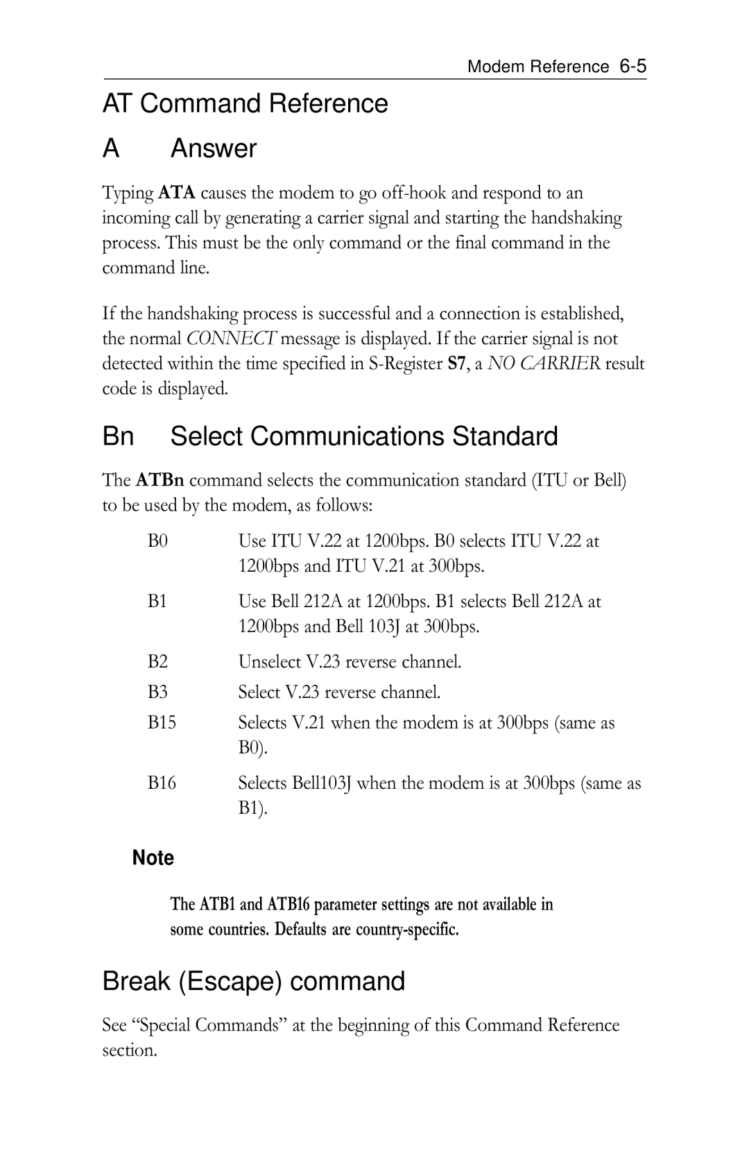 Intel PRO/100 appendix AT Command Reference Answer, Bn Select Communications Standard, Break Escape command 