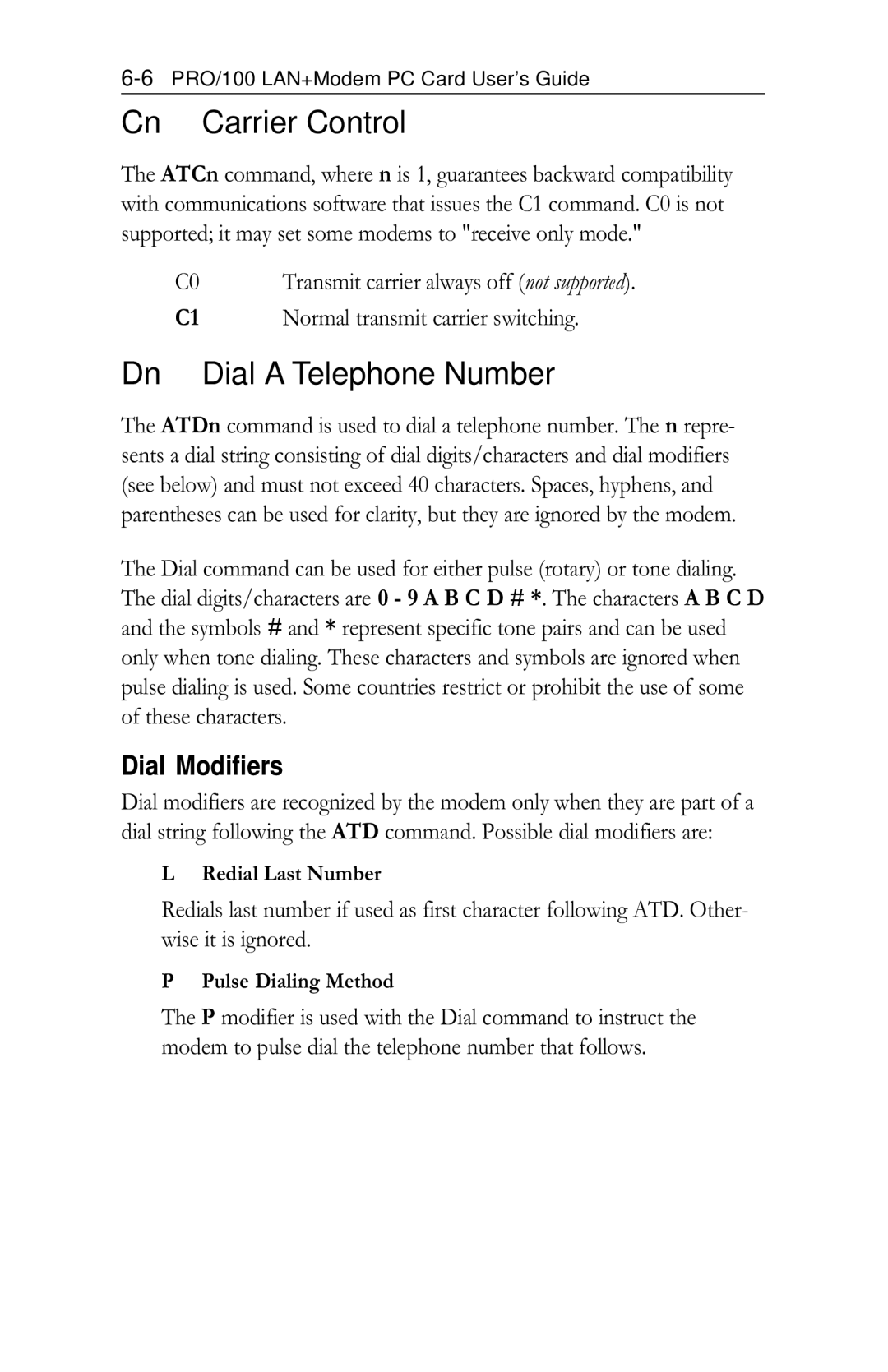 Intel PRO/100 Cn Carrier Control, Dn Dial a Telephone Number, Dial Modifiers, Redial Last Number, Pulse Dialing Method 