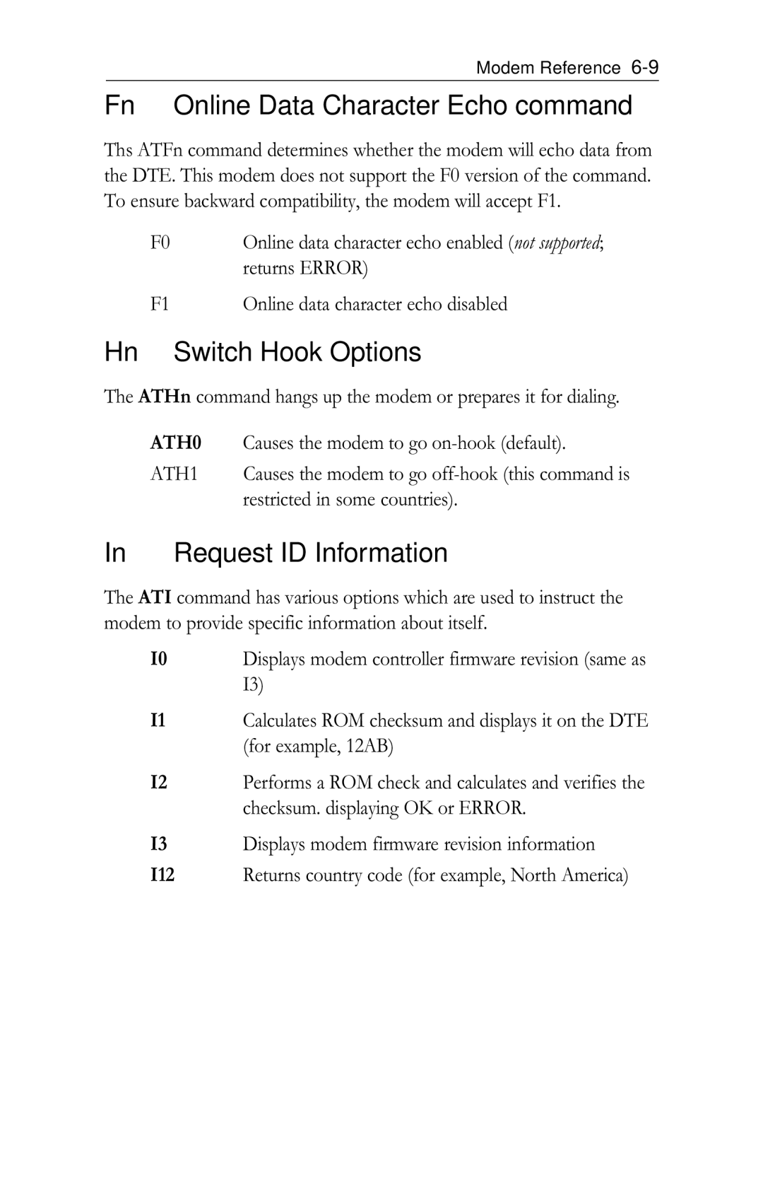 Intel PRO/100 appendix Fn Online Data Character Echo command, Switch Hook Options, Request ID Information, ATH0, ATH1 