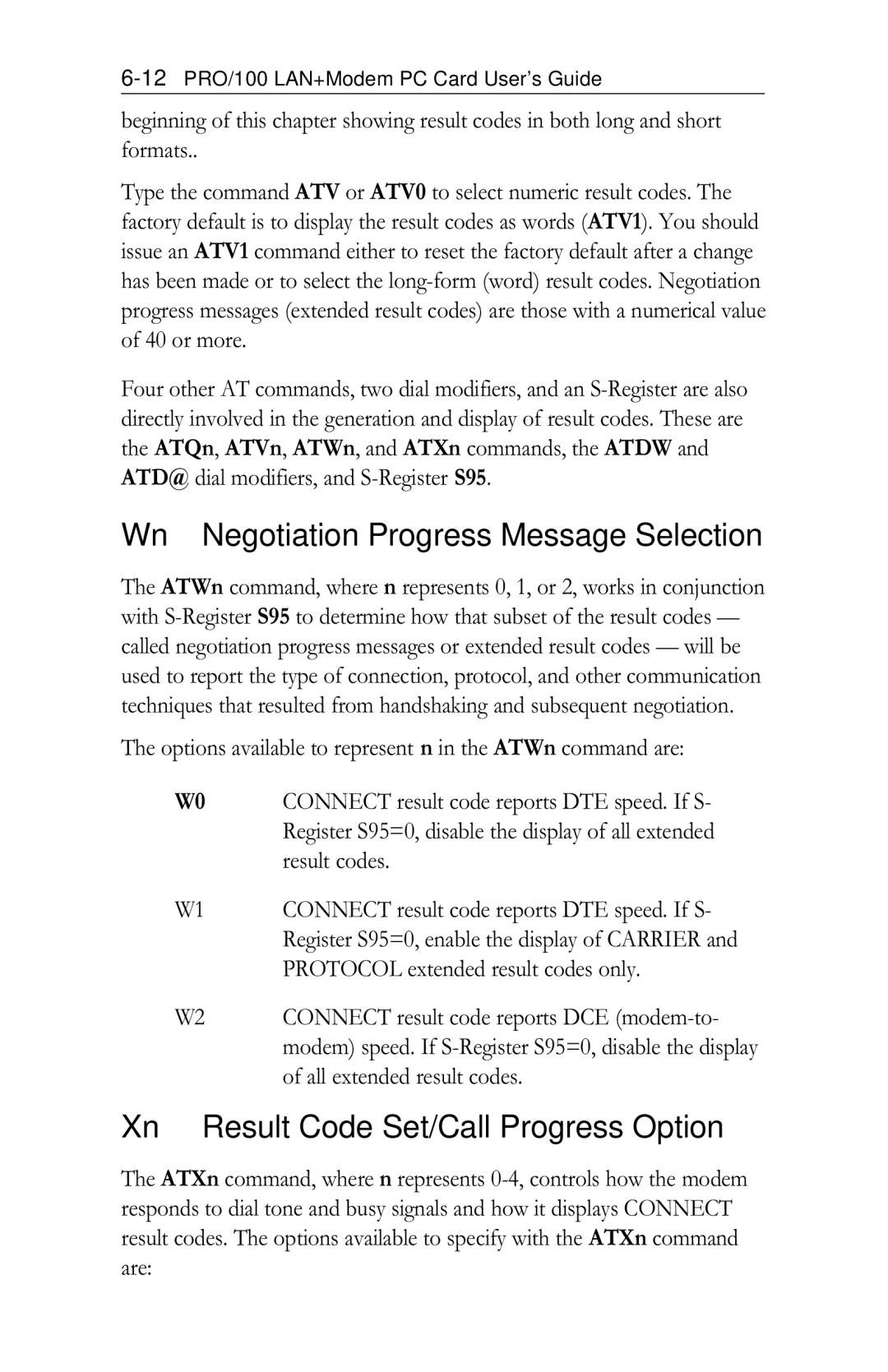 Intel PRO/100 appendix Wn Negotiation Progress Message Selection, Xn Result Code Set/Call Progress Option 