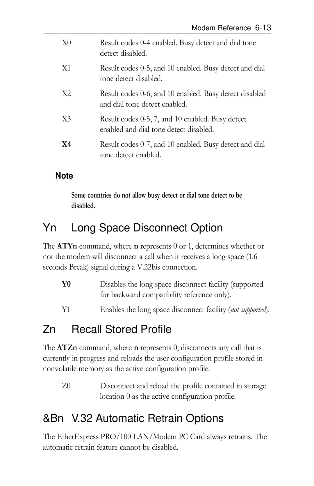 Intel PRO/100 appendix Yn Long Space Disconnect Option, Recall Stored Profile, Automatic Retrain Options 