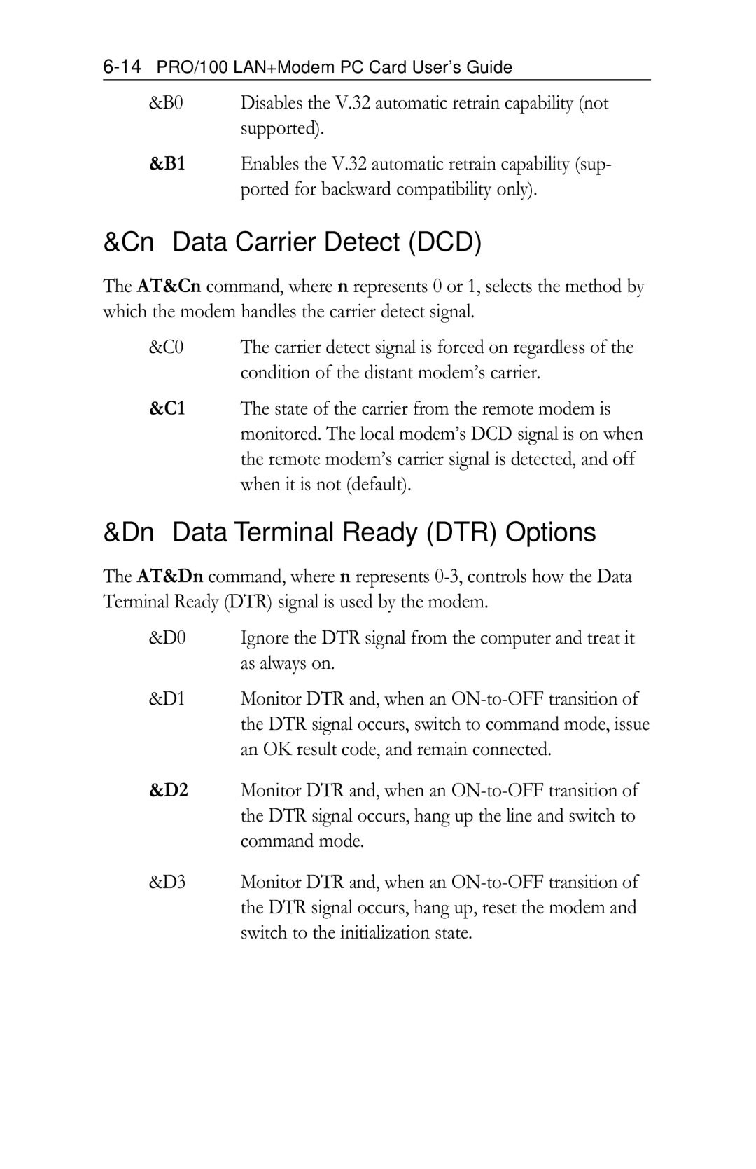 Intel PRO/100 appendix Cn Data Carrier Detect DCD, Dn Data Terminal Ready DTR Options 