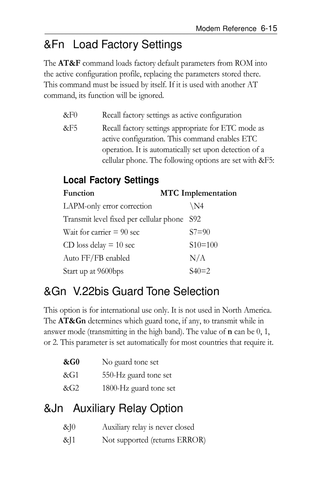 Intel PRO/100 Fn Load Factory Settings, Gn V.22bis Guard Tone Selection, Jn Auxiliary Relay Option, Local Factory Settings 