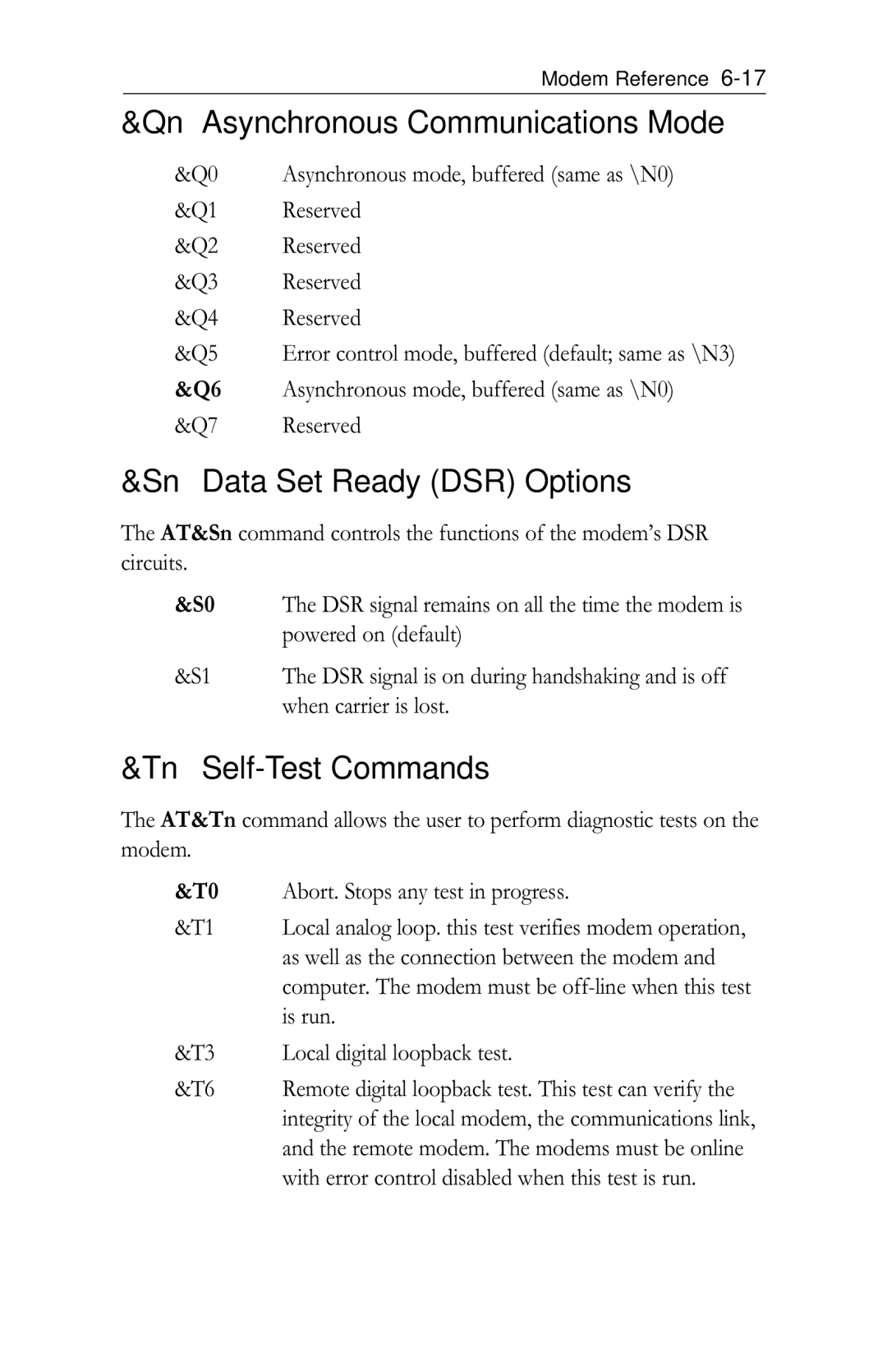 Intel PRO/100 appendix Qn Asynchronous Communications Mode, Sn Data Set Ready DSR Options, Tn Self-Test Commands 