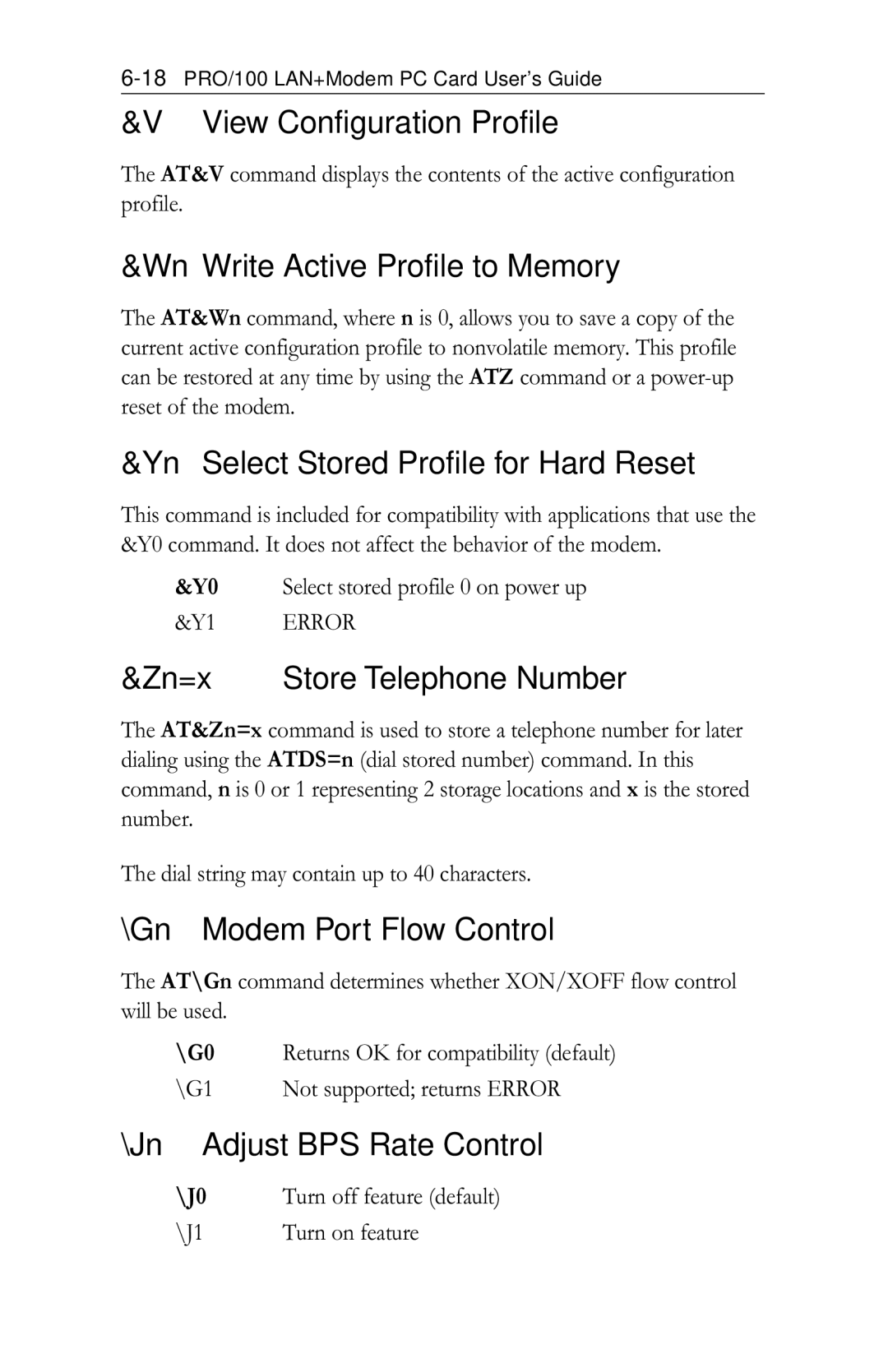 Intel PRO/100 View Configuration Profile, Wn Write Active Profile to Memory, Yn Select Stored Profile for Hard Reset, Zn=x 