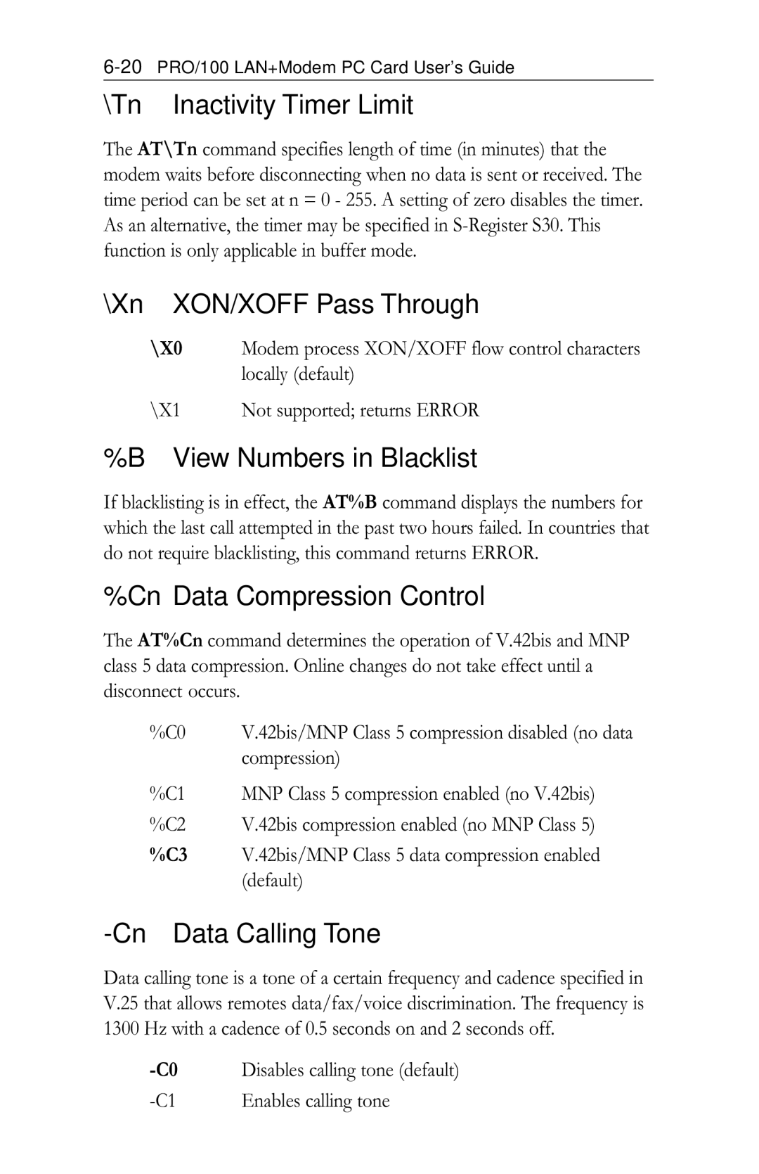 Intel PRO/100 Tn Inactivity Timer Limit, Xn XON/XOFF Pass Through, View Numbers in Blacklist, Cn Data Compression Control 