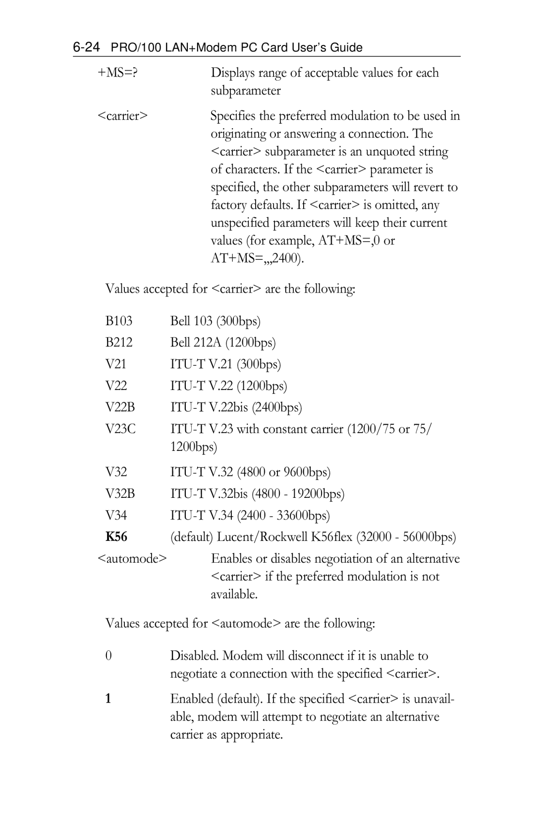 Intel PRO/100 appendix +Ms=?, Subparameter, Carrier, Values for example, AT+MS=,0 or, AT+MS=,,,2400, Available 