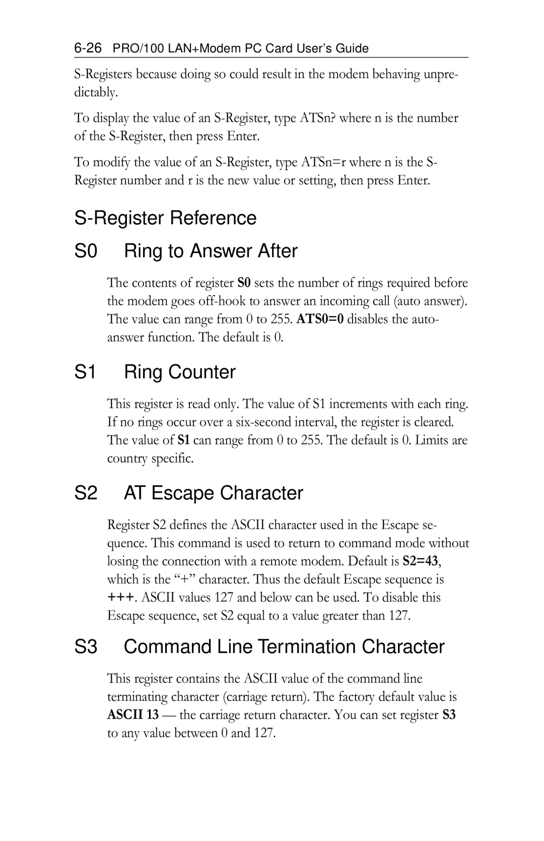 Intel PRO/100 appendix Register Reference S0 Ring to Answer After, S1 Ring Counter, S2 AT Escape Character 